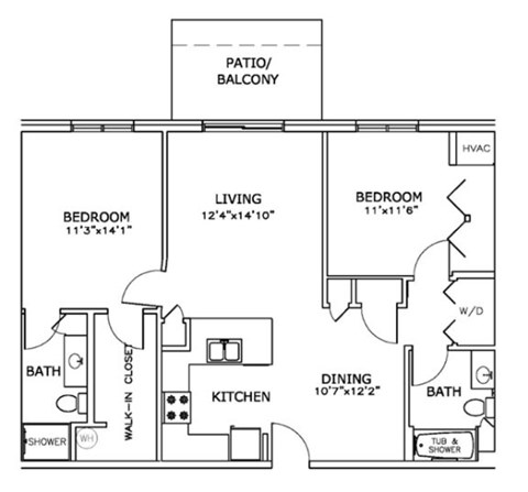 Floor plan for 2 beds, 2 baths, 989 sqft